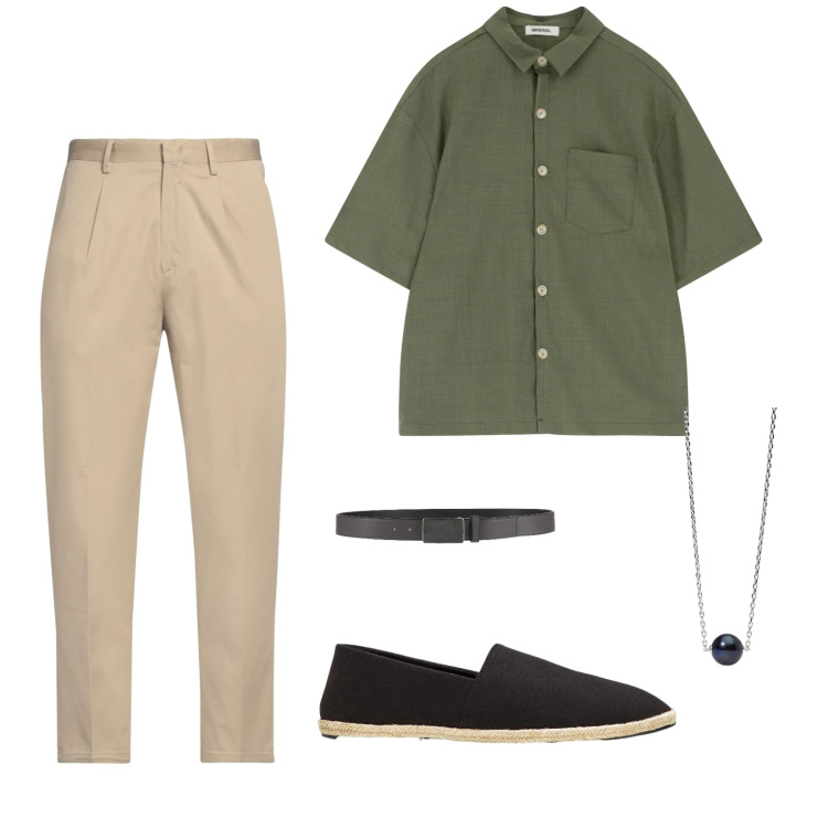 Outfit uomo - Aperitivo time. per Serata speciale. Abbinamento con espadrillas, cinture, pantaloni chino, collane, camicie a manica corta.