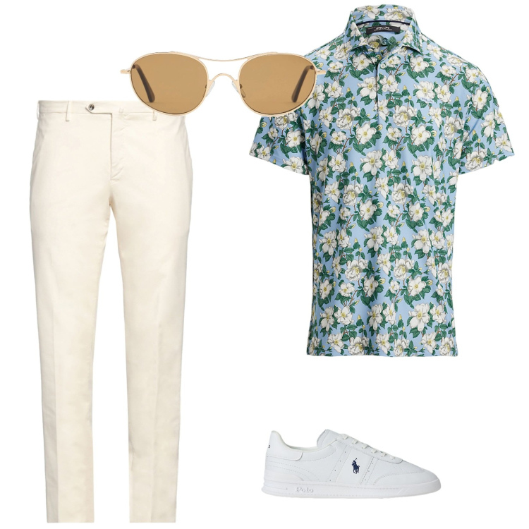 Outfit uomo - Che figo. per Tutti i giorni. Abbinamento con pantaloni chino, sneakers, polo, occhiali da sole.