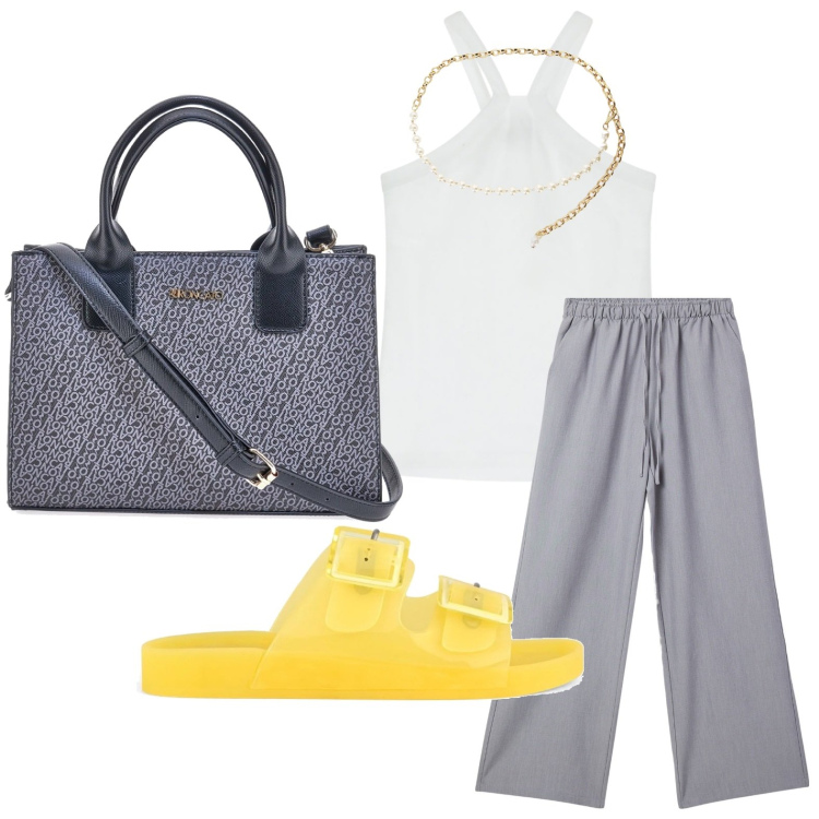 Outfit donna - Summer. Stile Minimal per Tutti i giorni. Abbinamento con pantaloni, top, collane, borse a tracolla, sandali.