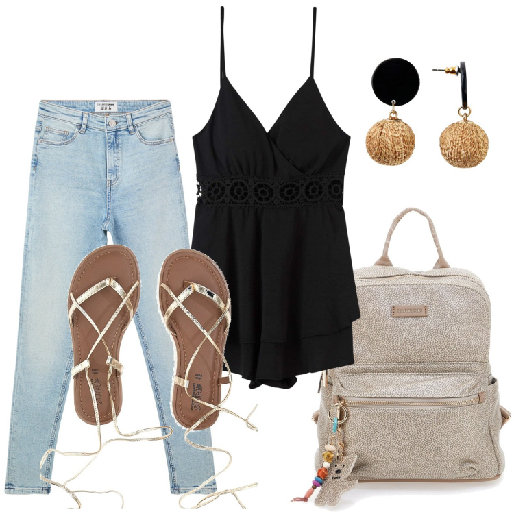 Outfit donna - Glamour estivo. Stile Minimal per Tutti i giorni. Abbinamento con orecchini, jeans skinny, tuta corta, sandali alla schiava, zaini.