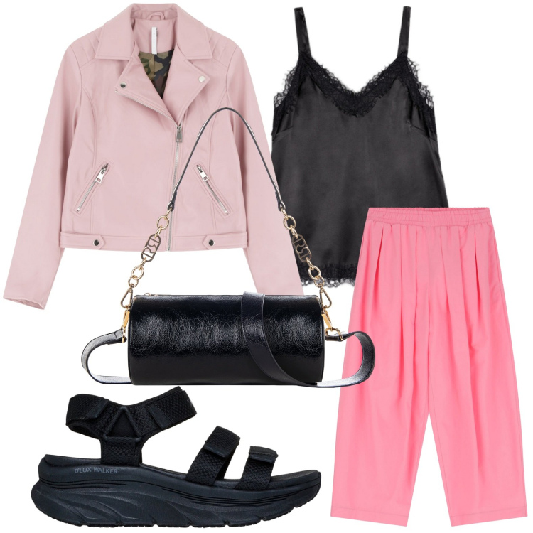 Outfit donna - Biker raffinato. Stile Minimal per Tutti i giorni. Abbinamento con borse a mano, blazer, pantaloni, canottiere, sandali col tacco.