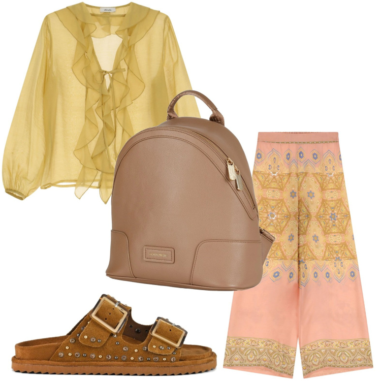 Outfit donna - Etnico urbano. Stile Etnico per Tutti i giorni. Abbinamento con zaini, pantaloni, camicie, sandali.