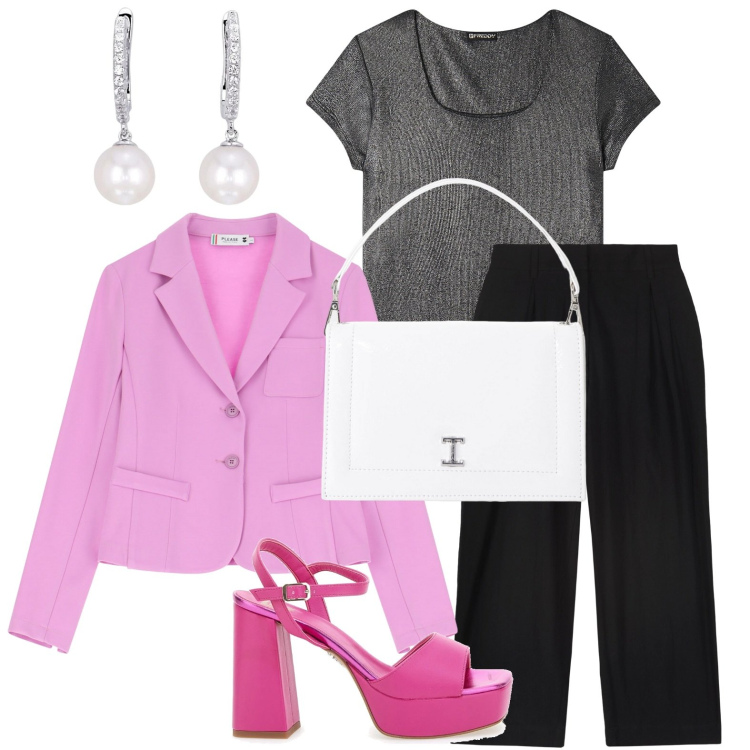 Outfit donna - Il blazer rosa confetto. Stile Minimal per Ufficio. Abbinamento con orecchini, blazer, borse a tracolla, t-shirt, sandali col tacco, pantaloni.