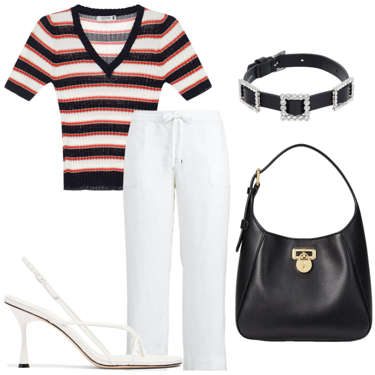 Outfit donna - Righe urban. Stile Minimal per Ufficio. Abbinamento con maglieria, borse a tracolla, pantaloni, sandali in pelle, collane.