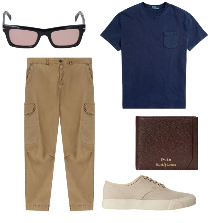 Outfit uomo - Tutto quello che serve. per Ufficio. Abbinamento con pantaloni cargo, sneakers, t-shirt, portafogli, occhiali da sole.