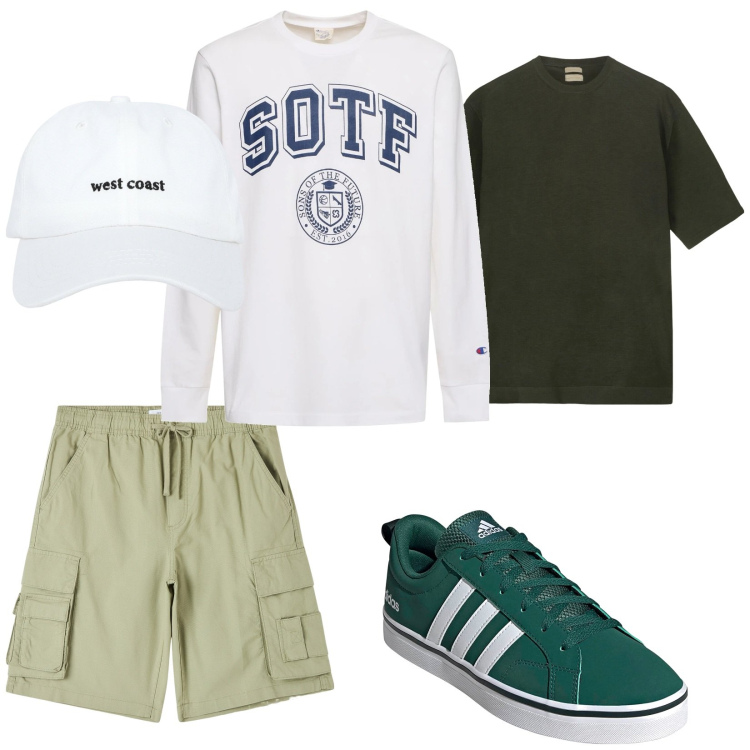 Outfit uomo - Zona porto. per Mare. Abbinamento con pantaloni corti, cappelli, t-shirt, t-shirt, sneakers.