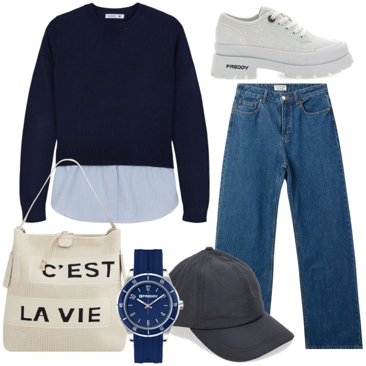 Outfit donna - A lezione all\' università. Stile Casual per Scuola/Università. Abbinamento con jeans, borse a mano, maglieria, orologi, sneakers alte, cappelli con visiera.