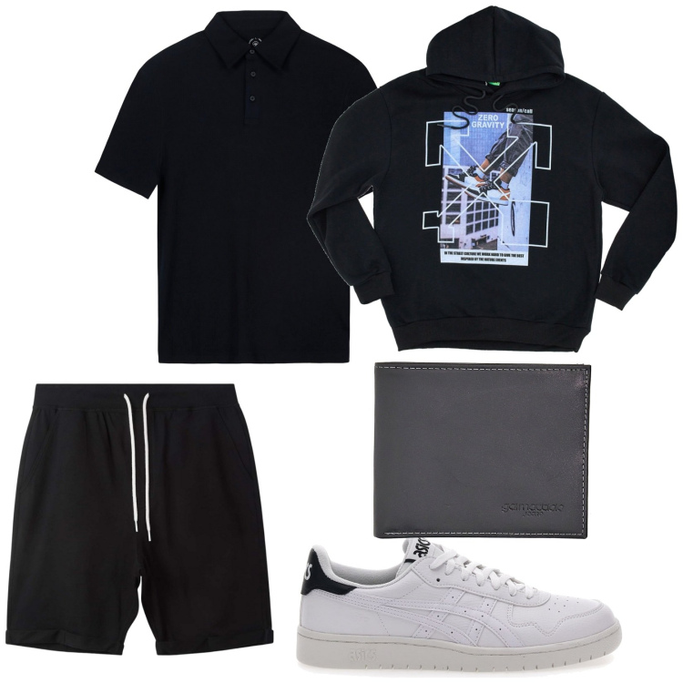 Outfit uomo - Urban. per Tutti i giorni. Abbinamento con pantaloni corti, sneakers, portafogli, felpe con cappuccio, polo.