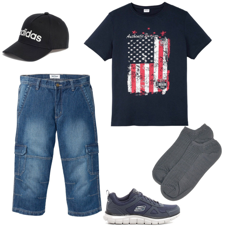 Outfit uomo - Tra amici. per Tutti i giorni. Abbinamento con t-shirt, jeans dritti, cappelli, sneakers, calzini.