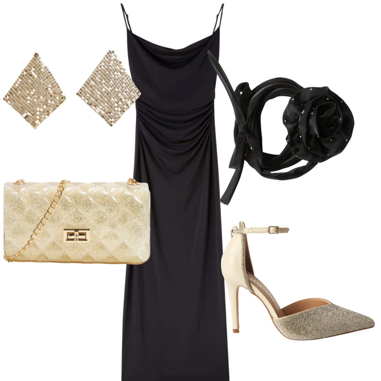 Outfit donna - All Terranova. Stile Chic per Serata fuori. Abbinamento con vestiti lunghi, décolleté, borse a tracolla, collane, orecchini.