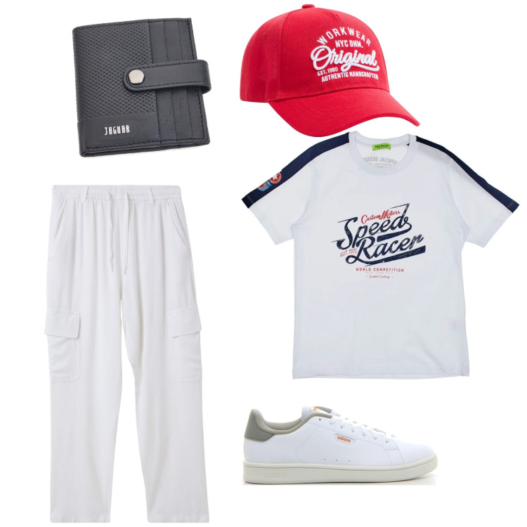 Outfit uomo - In barca. per Mare. Abbinamento con cappelli, pantaloni cargo, t-shirt, portafogli, sneakers.