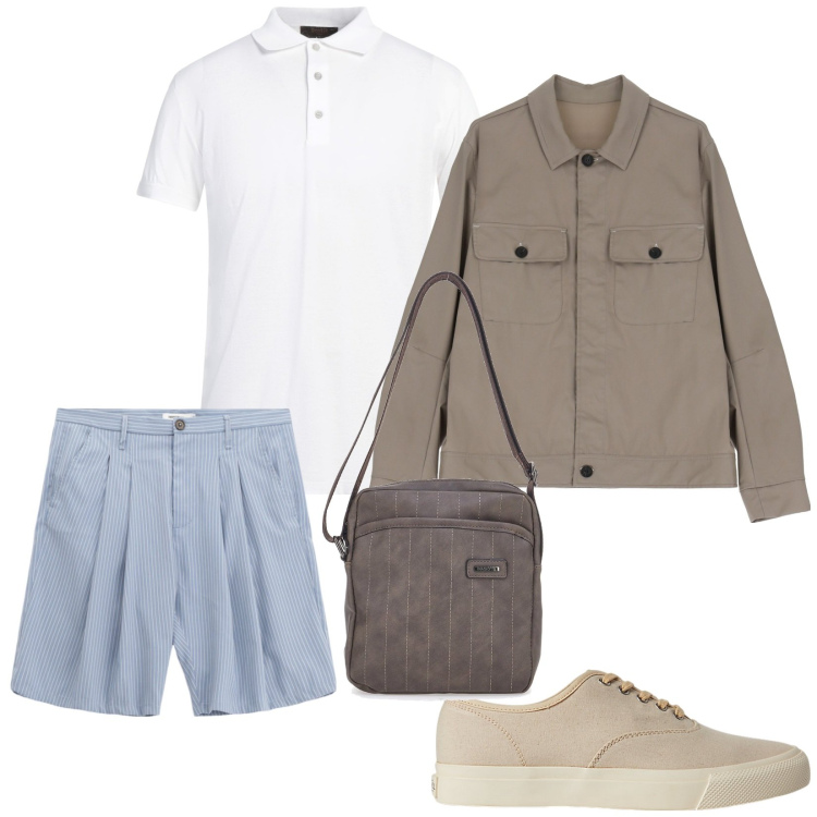 Outfit uomo - Urban. per Tutti i giorni. Abbinamento con polo, bermuda, giacche, sneakers, portafogli.