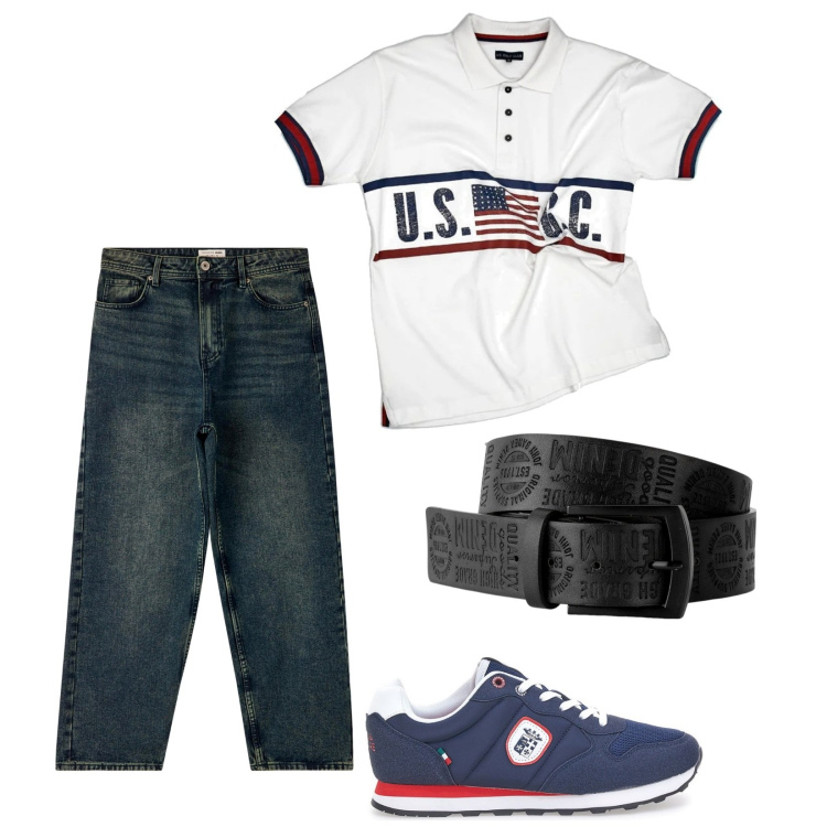 Outfit uomo - Sportivo in città. per Ufficio. Abbinamento con cinture, jeans, polo, sneakers.