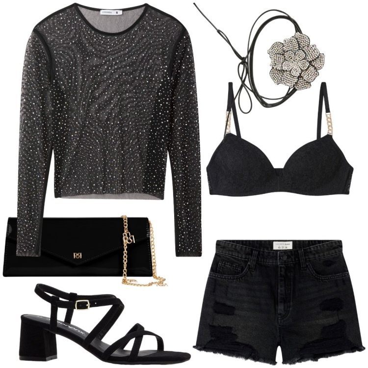 Outfit donna - Concerto. Stile Sexy per Serata fuori. Abbinamento con sandali col tacco, shorts, reggiseni, maglieria, collane, pochette.