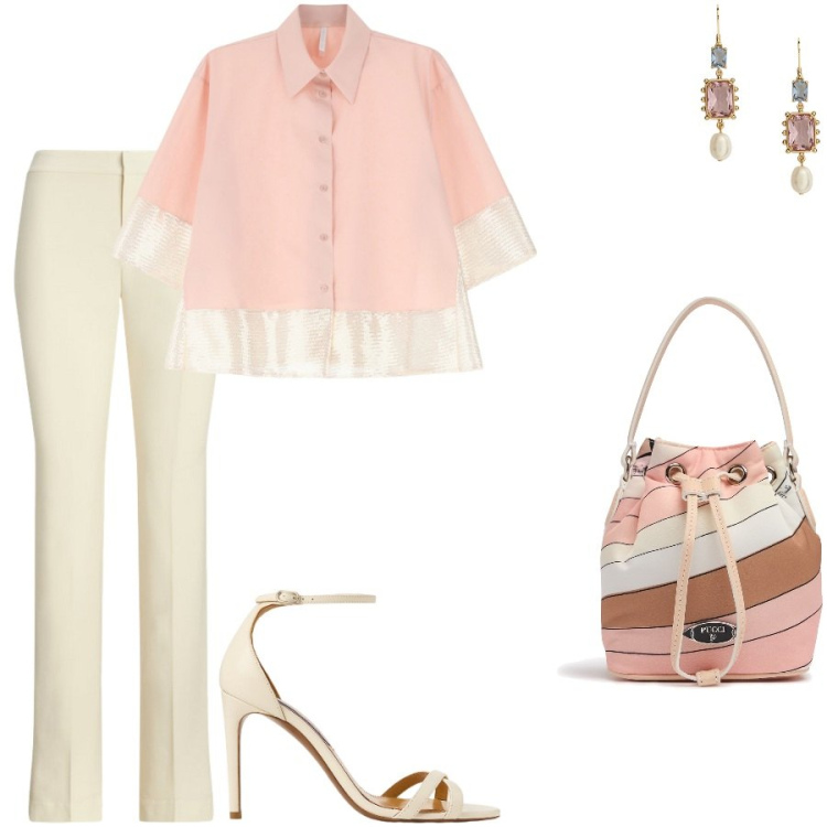 Outfit donna - Look minimal per cresima. Stile Chic per Cerimonia. Abbinamento con camicie, sandali col tacco, pantaloni, orecchini, borse a mano.