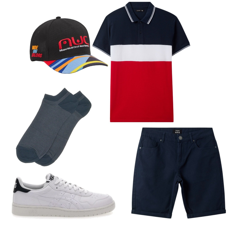 Outfit uomo - Sportivo in città. per Tutti i giorni. Abbinamento con cappelli, polo, bermuda, sneakers, calzini.