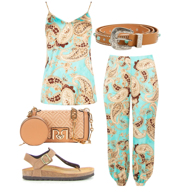 Outfit donna - Comodità assoluta. Stile Casual per Tutti i giorni. Abbinamento con cinture, borse a tracolla, top, pantaloni, ciabatte.