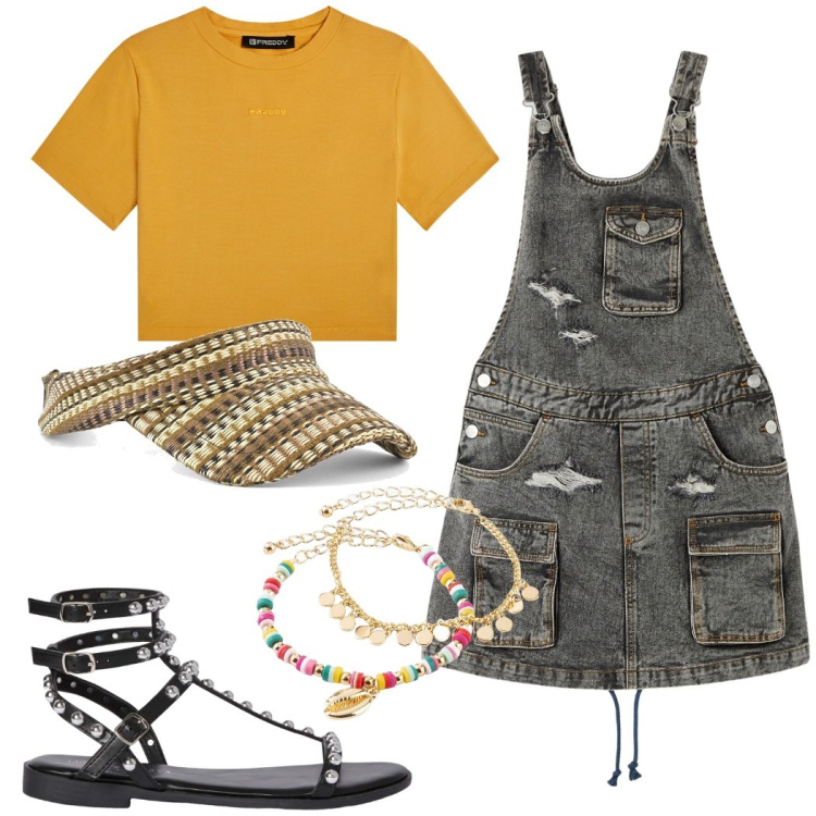 Outfit donna - Generazione Z. Stile Casual per Tutti i giorni. Abbinamento con braccialetti con ciondoli, salopette, sandali, t-shirt, cappelli con visiera.