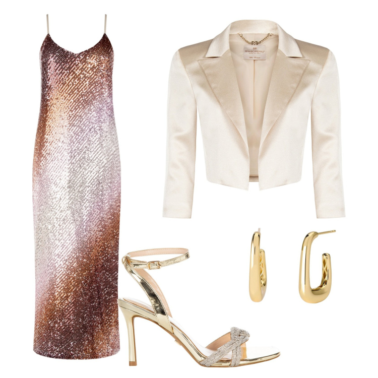 Outfit donna - Con una pochette dorata. Stile Glamour per Serata fuori. Abbinamento con orecchini, bolero, vestiti lunghi, sandali col tacco.