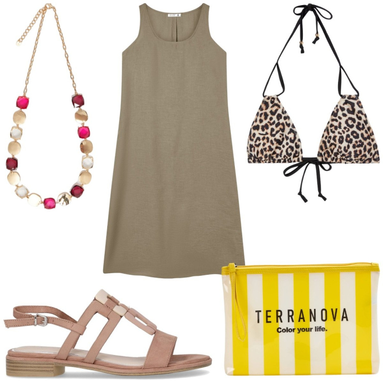 Outfit donna - Maxi summer dress : color sabbia. Stile Trendy per Mare. Abbinamento con vestiti lunghi, pochette, bikini, collane, sandali.