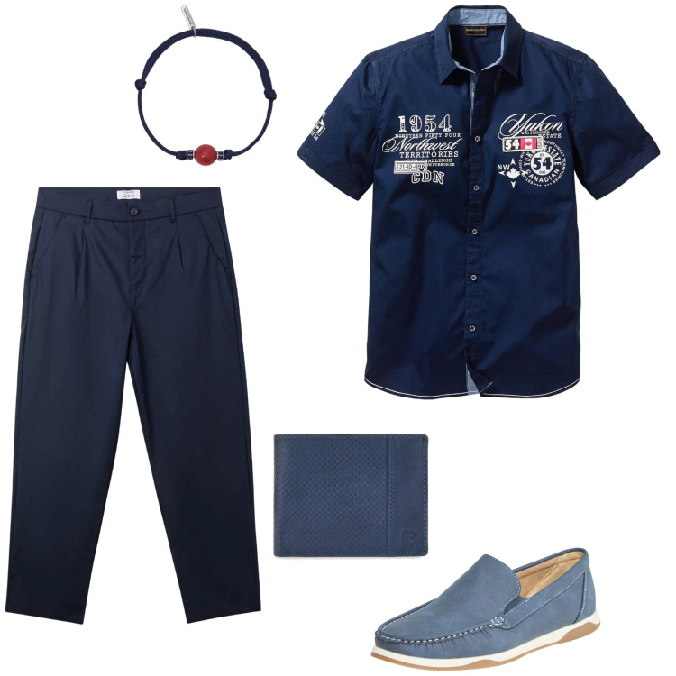 Outfit uomo - Serate estive. per Serata speciale. Abbinamento con camicie a manica corta, scarpe stringate, pantaloni chino, braccialetti, portafogli.