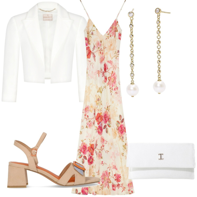 Outfit donna - Maxi summer dress : romantico. Stile Romantica per Tutti i giorni. Abbinamento con orecchini, bolero, borse a tracolla, vestiti lunghi, sandali col tacco.