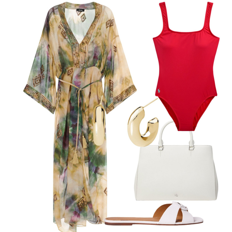 Outfit donna - Così a Positano. per Mare. Abbinamento con orecchini, vestiti lunghi, sandali in pelle, costumi interi, borse a mano.