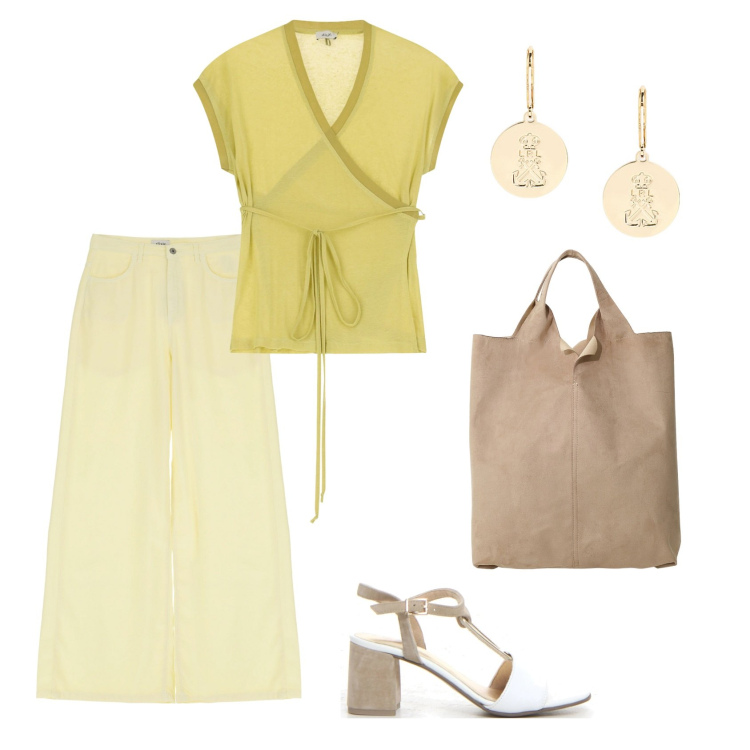 Outfit donna - Total look #2181045. Stile Casual per Tutti i giorni. Abbinamento con pantaloni, top, shopping bag, orecchini, sandali col tacco.
