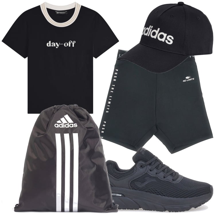 Outfit donna - Sport in bianco e nero. Stile Basic per Sport. Abbinamento con t-shirt, pantaloni corti, sneakers, zaini, cappelli.