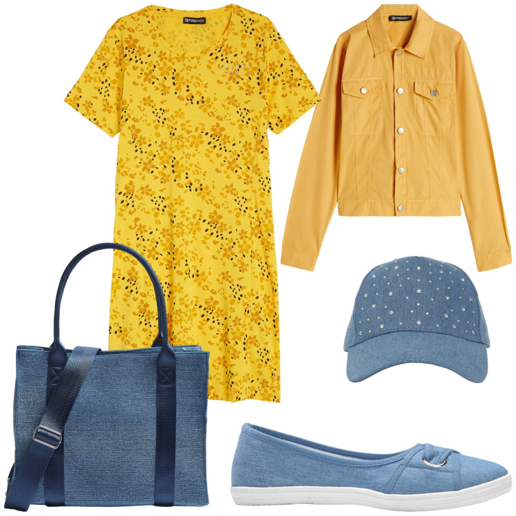 Outfit donna - Giallo e azzurro. Stile Casual chic per Tutti i giorni. Abbinamento con ballerine, cappelli, shopping bag, blazer, vestiti.
