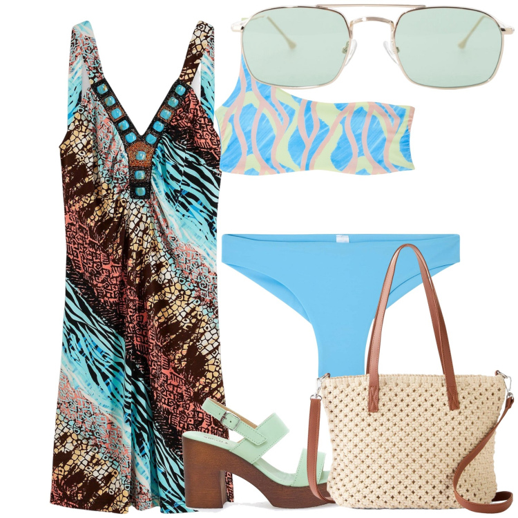Outfit donna - Turchese come il mare. Stile Trendy per Mare. Abbinamento con vestiti, borse a mano, bikini, bikini, occhiali da sole, zoccoli.