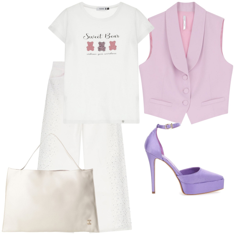 Outfit donna - Tshirt e tacchi per il lavoro. Stile Glamour per Ufficio. Abbinamento con pantaloni, t-shirt, borse a spalla, gilet, décolleté.