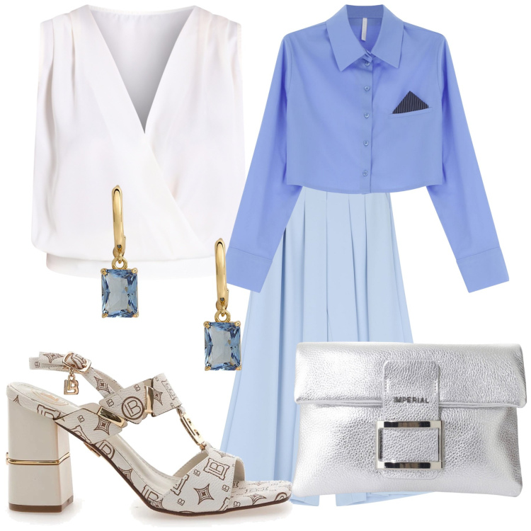 Outfit donna - Pronta per fare la madrina. Stile Bon Ton per Cerimonia. Abbinamento con top, pantaloni, camicie, pochette, orecchini, sandali col tacco.