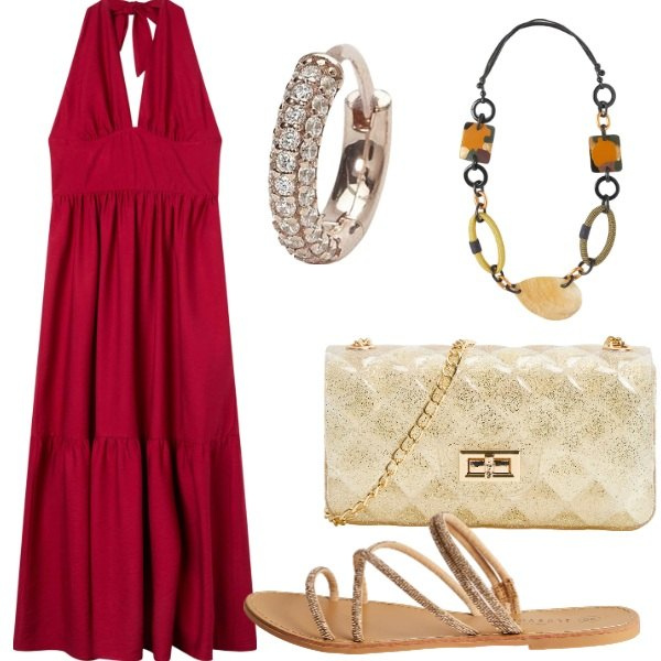 Outfit donna - Maxi dress Curvy, maxi libertà. Stile Glamour per Serata fuori. Abbinamento con orecchini, vestiti lunghi, borse a tracolla, sandali, collane.