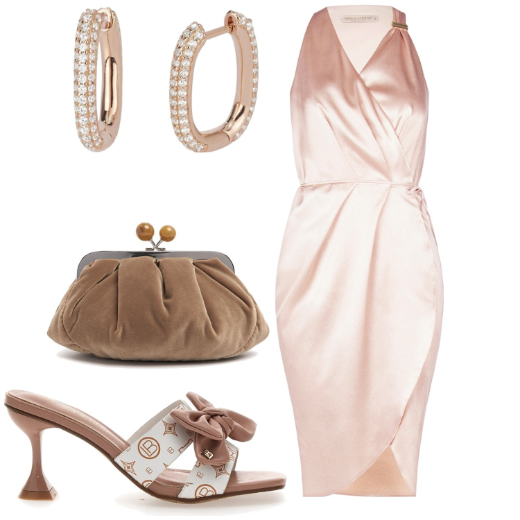 Outfit donna - Chic per la cerimonia di domani. Stile Glamour per Cerimonia. Abbinamento con vestiti senza maniche, orecchini, sandali, pochette.