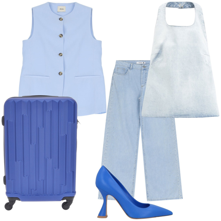 Outfit donna - Viaggio glamour. Stile Glamour per Tutti i giorni. Abbinamento con décolleté, canottiere, jeans, gilet, valigie.