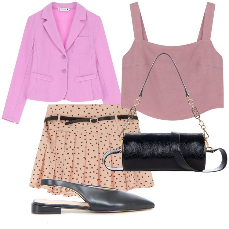 Outfit donna - Giacca top e mini per il ristorante. Stile Urban per Serata fuori. Abbinamento con borse a mano, minigonne, blazer, top, décolleté.
