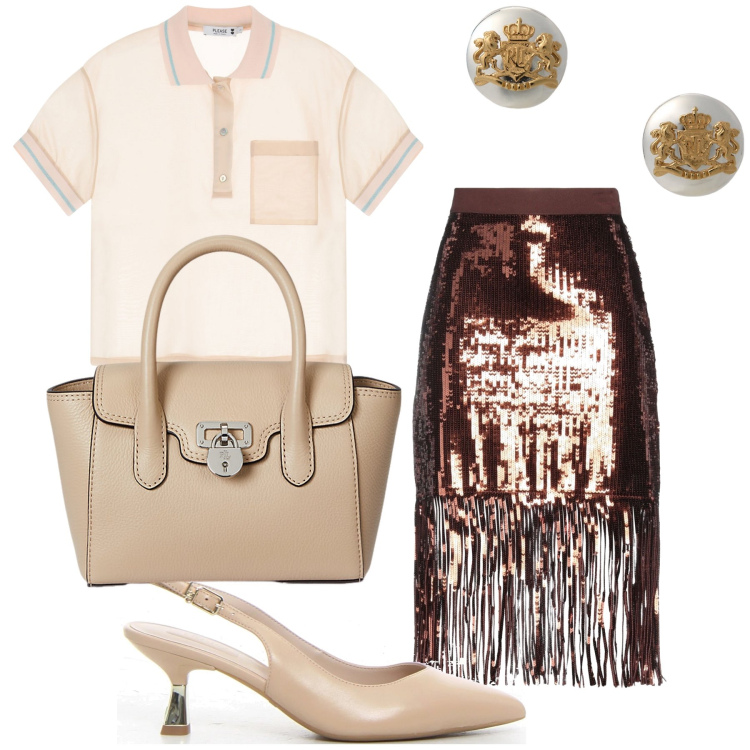 Outfit donna - La gonna da aperitivo. Stile Glamour per Serata fuori. Abbinamento con gonne longuette, polo, orecchini, borse a mano, décolleté.