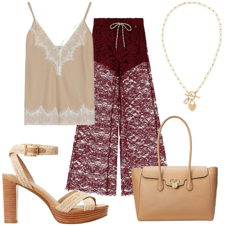Outfit donna - Dixie a Positano : glamour. Stile Glamour per Tutti i giorni. Abbinamento con pantaloni, top, sandali, collane, borse a mano.