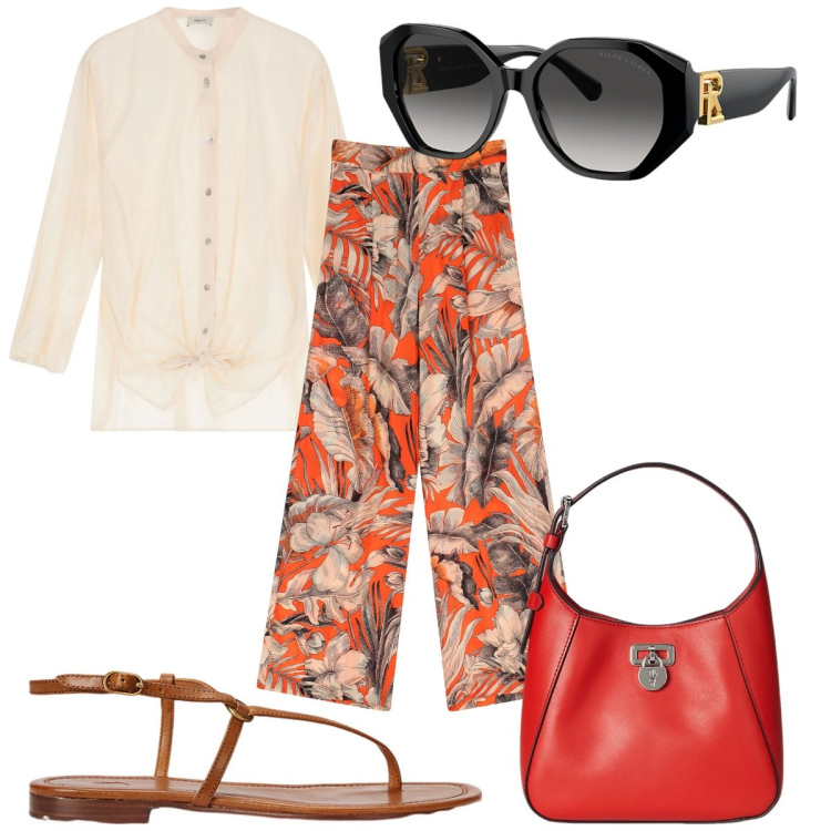 Outfit donna - Dixie a Positano : trendy. Stile Trendy per Tutti i giorni. Abbinamento con pantaloni a palazzo, camicie, borse a tracolla, sandali in pelle, occhiali da sole.