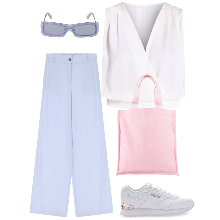 Outfit donna - Fiocco rosa fiocco azzurro. Stile Minimal per Tutti i giorni. Abbinamento con borse a mano, top, pantaloni, sneakers, occhiali da sole.