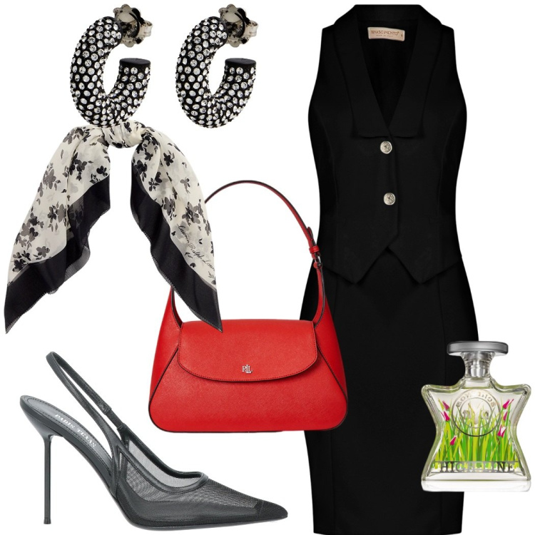 Outfit donna - Indispensabile tubino nero. Stile Chic per Serata fuori. Abbinamento con décolleté, orecchini, profumi, vestiti a tubino, borse a spalla, foulard.