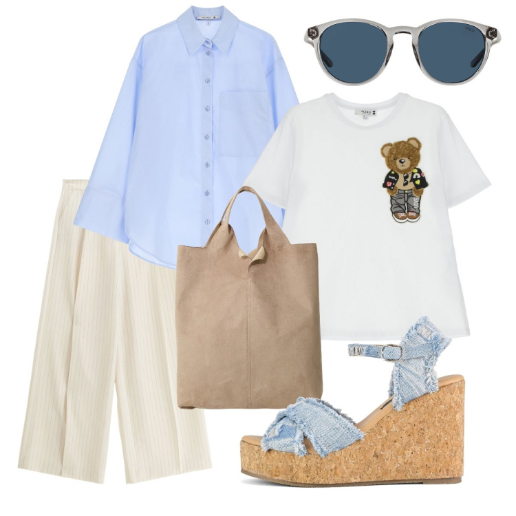 Outfit donna - La t-shirt con l’orsetto. Stile Casual chic per Tutti i giorni. Abbinamento con pantaloni a palazzo, t-shirt, camicie, shopping bag, occhiali da sole, zeppe.