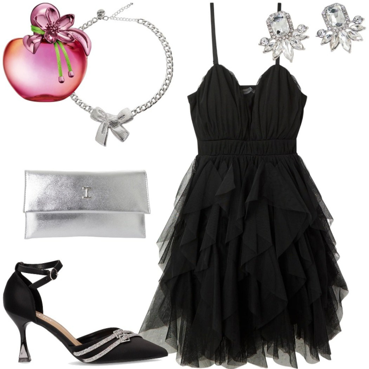 Outfit donna - Cigno nero. Stile Glamour per Cerimonia. Abbinamento con profumi, vestiti corti, pochette, collane, orecchini, décolleté.