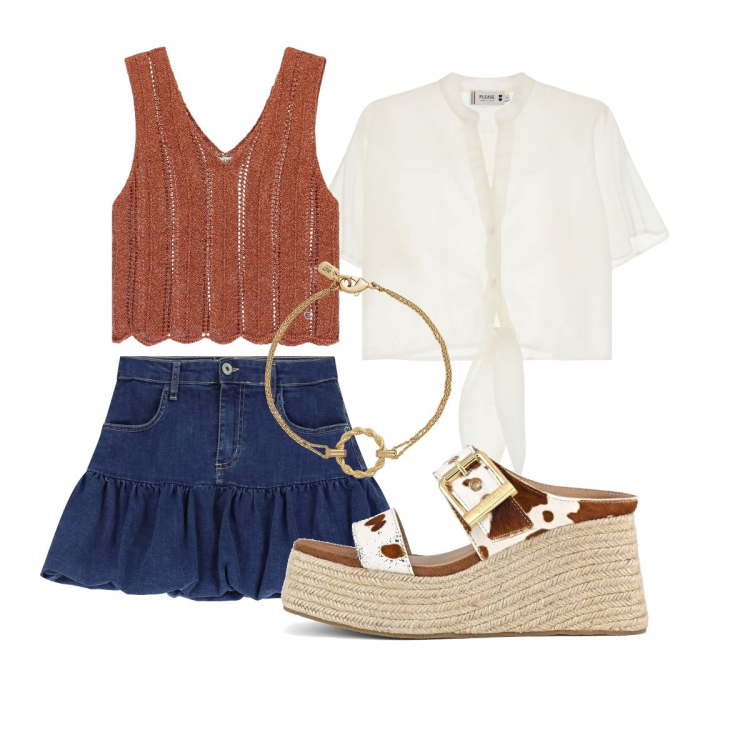 Outfit donna - L’estate addosso. Stile Casual chic per Tutti i giorni. Abbinamento con minigonne, camicie a manica corta, top, braccialetti, zeppe.