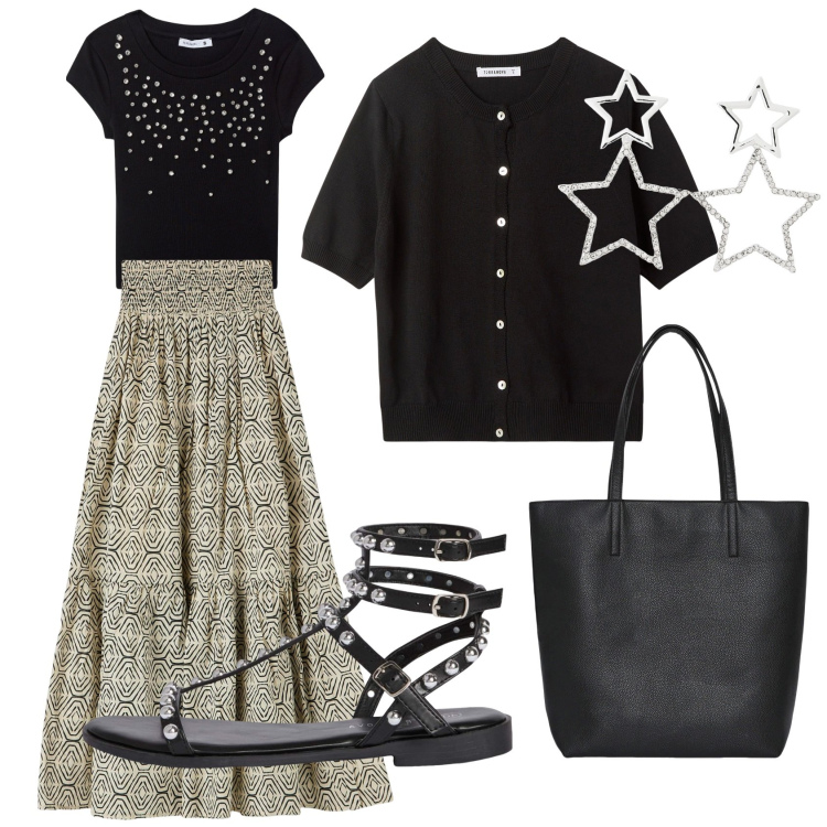 Outfit donna - Terranova. Stile Casual per Tutti i giorni. Abbinamento con borse tote, orecchini, cardigans, t-shirt, gonne lunghe, sandali.