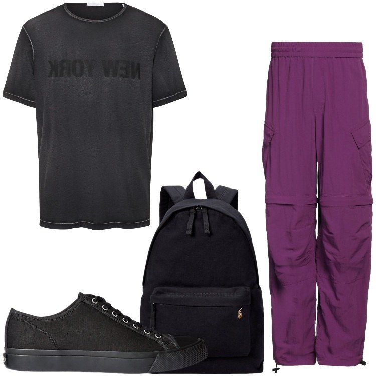 Outfit uomo - Gita fuori città. Stile Casual per Tutti i giorni. Abbinamento con pantaloni cargo, sneakers, borse sportive, t-shirt.