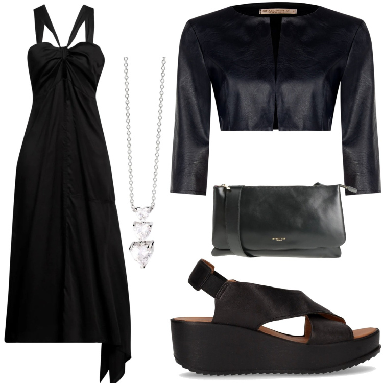 Outfit donna - Romantica in lungo. Stile Romantica per Serata fuori. Abbinamento con vestiti lunghi, borse a tracolla, collane, bolero, sandali.