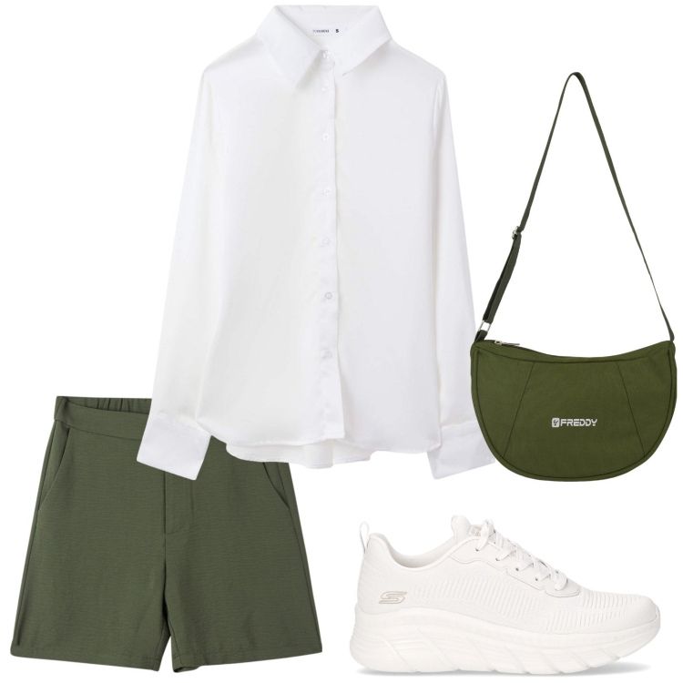 Outfit donna - Passeggiata con le amiche. Stile Minimal per Tutti i giorni. Abbinamento con camicie, bermuda, borse a spalla, sneakers.