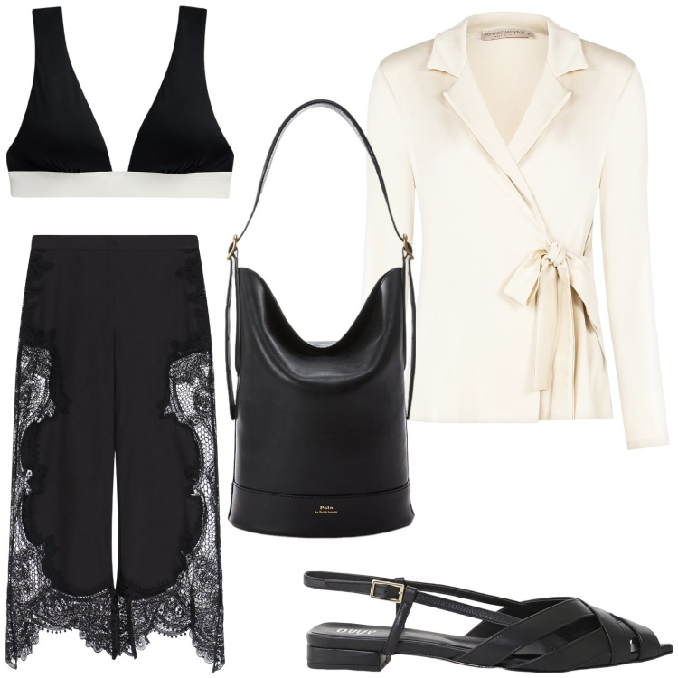 Outfit donna - Dettagli in pizzo. Stile Minimal per Serata fuori. Abbinamento con blazer, sandali, pantaloni a palazzo, top, borse a secchiello.